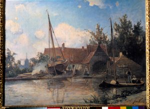 Paysage hollandais avec un grand bateau en calfatage
