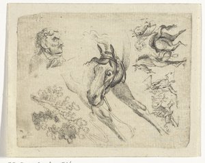 Étude de chevaux, un homme et une branche - Johan Bernard Scheffer