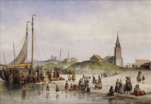 Pêcheurs sur une plage avec une ville au loin, 1857