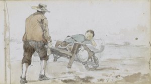 Paysage avec un homme poussant un garçon sur une charrette à main - Johan Hendrik Weissenbruch