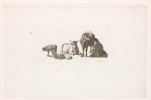 Femme trayant une vache, avec du bétail et des moutons - Johan Jakob Biedermann