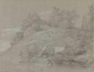 Une rivière par une rive rocheuse avec des figures, peut-être en Inde - Johan Joseph Zoffany