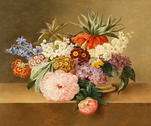 Iris, lilas, primevères, fleurs et pivoines dans un panier - Johan Laurents Jensen