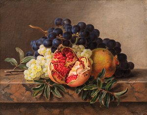 Grenades et raisins verts et bleus sur un cadre en marbre - Johan Laurentz Jensen