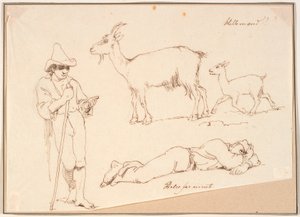 Un berger, une chèvre avec son chevreau et un homme allongé - Johan Thomas Lundbye