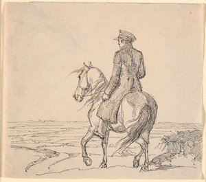 Un cavalier vu de biais de dos chevauchant vers un paysage étendu - Johan Thomas Lundbye