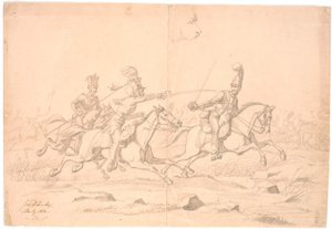 Combat de cavaliers ; en haut, une étude de tête
