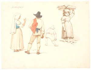 Quatre études de figures. Femme debout et joueur de boccia debout, un joueur de boccia en train de lancer et une petite fille avec un panier sur la tête