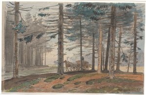 Forêt de sapins avec route, sur laquelle roule une charrette avec une charge de bois. En arrière-plan, une clairière dans la forêt - Johan Thomas Lundbye