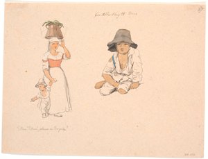 Italienne avec un seau sur la tête et un garçon mendiant à la main. À droite, étude d
