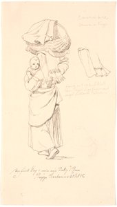 Italienne avec son enfant sur le bras et son berceau sur la tête. À droite, étude de son couvre-chef - Johan Thomas Lundbye