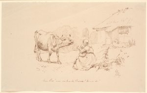 Viens Bos !. Devant une ferme, une femme est assise avec un enfant tendant la main vers une vache - Johan Thomas Lundbye