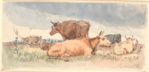 Paysage avec trois vaches couchées et trois debout