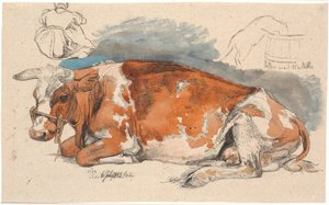 Vache couchée. En haut à gauche, une paysanne assise, à droite, un chat buvant du pissenlit