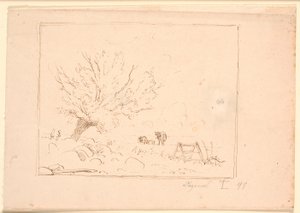Paysage avec un saule près de grosses pierres, un coq, une charrue et trois vaches