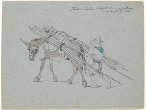 Mulet chargé de fines bûches et suivi par le conducteur - Johan Thomas Lundbye