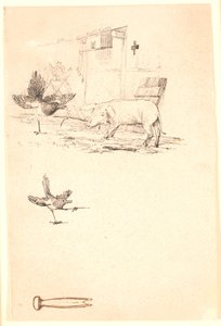 La cigogne et le cochon. En dessous, étude de la pie et d