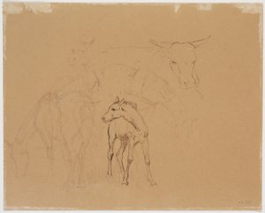 Studie eines grasenden Pferdes, eines Fohlens und einer liegenden Kuh - Johan Thomas Lundbye