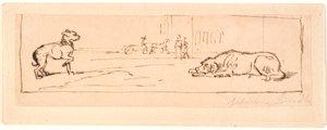 Deux chiens dans une rue. En arrière-plan une calèche et deux piétons - Johan Thomas Lundbye