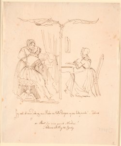 Deux dames lisant des lettres à gauche, une dame écrivant une lettre à droite - Johan Thomas Lundbye