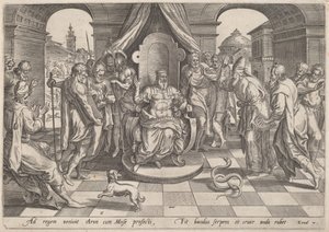 Moïse et Aaron devant le Pharaon - Johan Wierix, after Maarten van Cleef