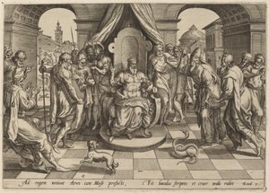 Moïse et Aaron devant le Pharaon - Johan Wierix, after Maarten van Cleef
