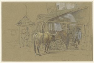 Bœufs et un cheval chez le maréchal-ferrant