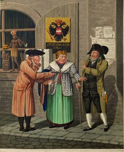Trois juifs viennois devant un bureau de loterie et un bureau de tabac ...