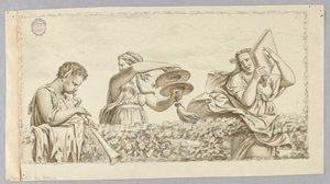 Un garçon satyre jouant de la flûte, une fille avec des cymbales, une femme avec un livre