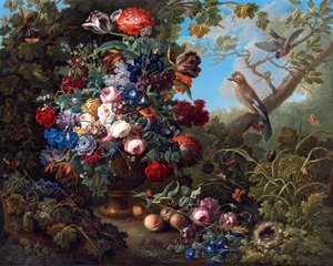 Grande nature morte de fleurs avec des oiseaux - Johann Baptist Drechsler