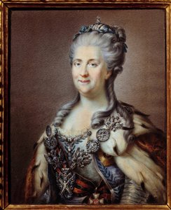 Portrait de Catherine II (1729-1796) impératrice de Russie avec le collier de Saint André et le cordon de la croix de Saint Georges. Aquarelle anonyme du XVIIIe siècle, d