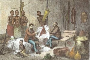 Dr. David Livingstone (1813-73) et M. Henry Morton Stanley (1841-1904) Recevant des Journaux en Afrique Centrale, gravé par Pearson (coloration ultérieure) - Johann Baptist Zweecker