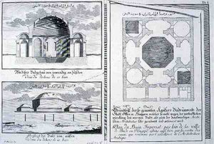 Plan, élévation et coupe transversale des Bains Impériaux, Budapest, Hongrie, de 