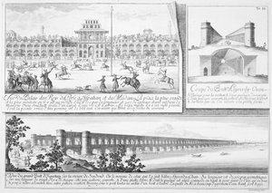 Le Palais Royal à Ispahan, une coupe transversale du pont Alyverdy-Chan Ispahan et une vue du pont Alyverdy-Chan Ispahan, de Entwurf einer historischen Architektur, gravé par Johann Adam De - Johann Bernhard Fischer von Erlach