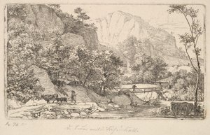 Paysanne avec vache et veau, dans l
