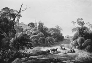Paysage avec bétail et couple de bergers