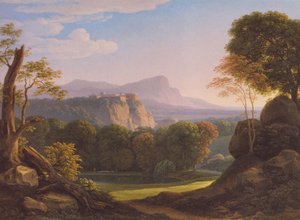 French : Italian landscape with castle on a ridge Italian landscape with castle on a ridge - Johann Christian Reinhart