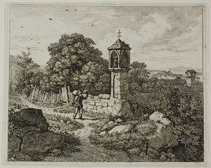 Fermier saluant un sanctuaire de la Madone en bord de route, planche une de Die zwei grossen Landschaften mit den Betsäulen