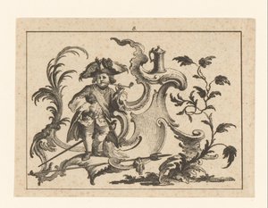 Homme fumant une pipe appuyé contre un ornement rococo - Johann Esaias Nilson