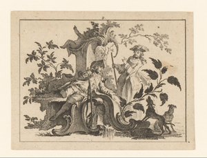 Homme fumant la pipe avec un fusil et une femme avec deux chiens sur un ornement rococo Rokers op rococo-ornament (titre de la série)