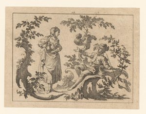 Homme fumant assis, à côté de lui une femme debout avec une cruche sur un ornement rococo (Fumeurs sur ornement rococo)