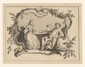 Femme et homme fumant la pipe à une table dans une cartouche - Johann Esaias Nilson