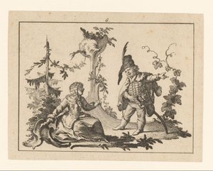 Femme assise avec un homme debout avec une pipe sur un ornement rococo - Johann Esaias Nilson