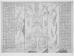 Relief représentant un prêtre avec des offrandes du sanctuaire du Temple du Soleil, Palenque, planches 29 et 30 de Monuments anciens du Mexique, gravé par Werner - Johann Friedrich Maximilian von Waldeck