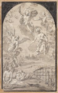 Saint intercédant auprès du Christ pour ne pas lancer la foudre sur la ville d