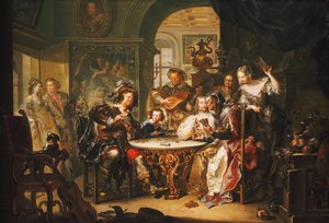 Un gentleman trichant aux cartes avec une vieille dame dans un intérieur somptueux - Johann Georg Platzer