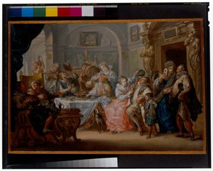 Intérieur avec des figures élégantes en costume de mascarade festoyant - Johann Georg Platzer