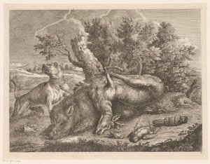 Chien de chasse et gibier avec sanglier, cerf et oiseaux - Johann Georg Wachsschlunger