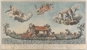 La deuxième gondole très ornée de Francesco Antonio Berka entrant à Venise, Dieux sur c..., 1700 - Johann Georg Wolfgang