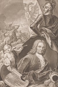 Portrait du peintre Georg Philipp Rugendas avec scène de bataille en arrière-plan